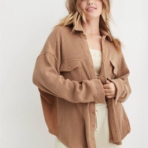 aerie Waffle Knit Button-Up Shacket in Camel/Taupe